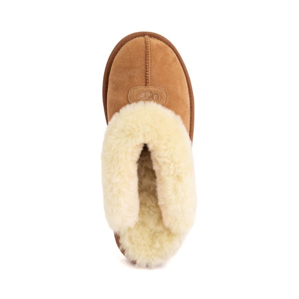 UGG Chestnut Suede Sheepskin Mule Slippers with Cream Collar - Picture 2 of 9